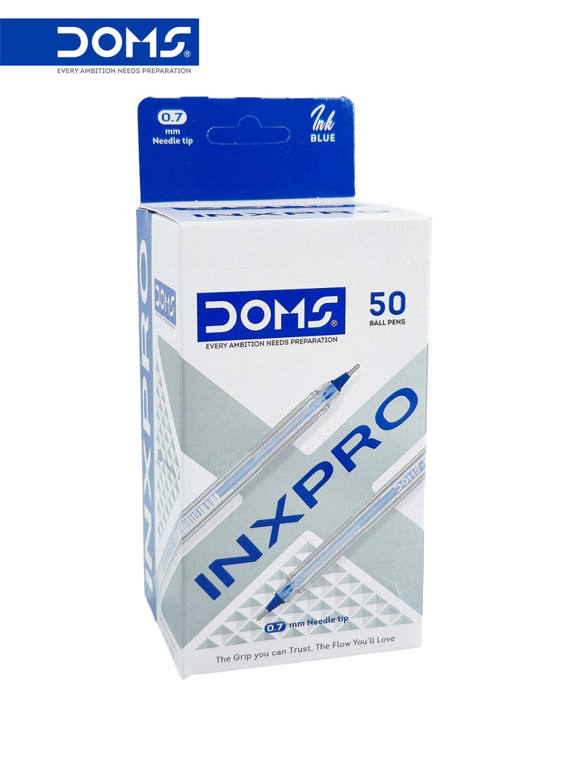 DOMS INXPRO Ball Point Pen 0.7 mm Needle Tip Blue Ink Box Pack of 50 - Image 1